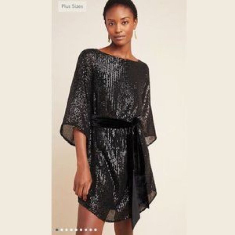 Anthropologie Starling Sequined Tunic Dress in Black Size Medium